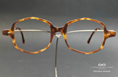 Monture artisanale hexagonale écaille brun et orange en acétate