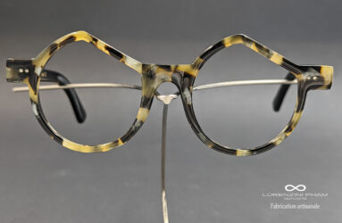 Monture artisanale asymétrique écaille noir et beige en acétate