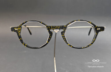 Monture artisanale décagonale noir à point jaune en acétate