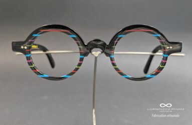 Monture artisanale ronde noir rayure colorés en acétate